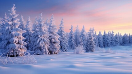 Breathtaking view of snowy landscape, trees covered in snow under colorful sunset. Snow-covered trees at sunset in a tranquil winter landscape.