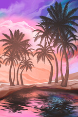 Seascape with palm trees at sunset, neon, silhouettes of palm trees, reflection in the water.