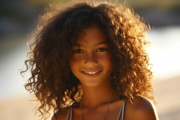 Portrait of beautiful African American girl with loose curly hair. Happy child. Backlight sunlight.