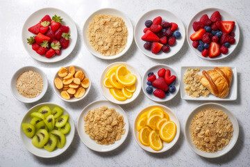 Healthy breakfast. Vibrant photo of table full of fresh fruit, oatmeal and healthy croissants. Balanced diet. Importance of proper nutrition for adults and children. Top view