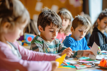 Obraz premium Group of children are doing creative work at table in orphanage. Abandoned orphans make crafts with their own hands.