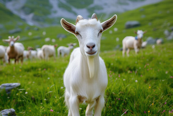 White goat grazing on a green mountain pasture close-up