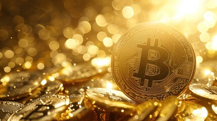 Golden Bitcoin on a golden background in a golden ray of sun. Unstable cryptocurrency market and economic uncertainty in the world. Rise and fall of bitcoin, high volatility