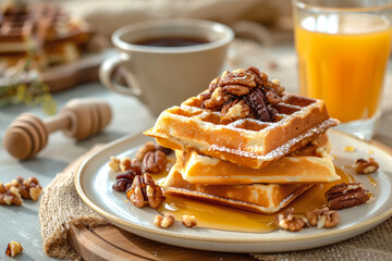 tasty breakfast. fresh Viennese waffles with honey and nuts on a plate next to glasses of fresh orange juice.