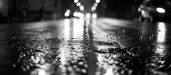 Black and white close-up of an empty, rain-slicked city road with car lights - obrazy, fototapety, plakaty