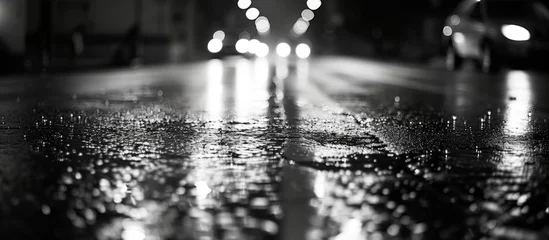 Foto op Aluminium Black and white close-up of an empty, rain-slicked city road with car lights © AkuAku