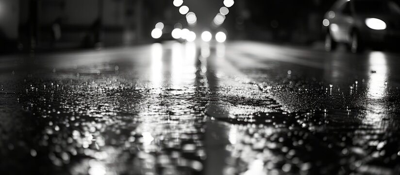 Black and white close-up of an empty, rain-slicked city road with car lights