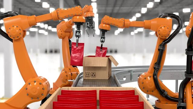 Robot arm fills open cardboard boxes with bags on a conveyor belt. 3D rendering on industrial background, loop animation.