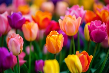 Fototapeta premium Close-up photography of a vibrant field of Tulips, Colorful Tulips in full bloom. Spring Flowers Background. 
