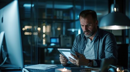 Fototapeta premium Mature businessman working intently on a tablet in a modern office during the night, surrounded by technology.