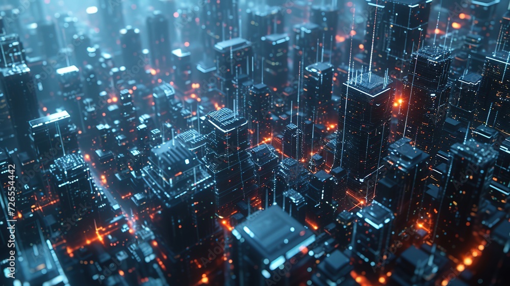 Poster aerial view of a futuristic cityscape visualizing a digital network and connectivity in an urban env