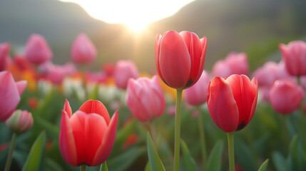 Obraz premium Amazing white,red, pink tulip flowers blooming in a tulip field, against the background of blurry tulip flowers in the sunset light. Fresh bright yellow spring tulips, Bouquet of spring tulips 