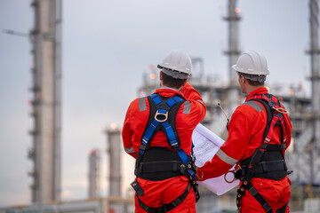 Engineer survey team wear uniform and helmet stand workplace checking blueprint project , radio...