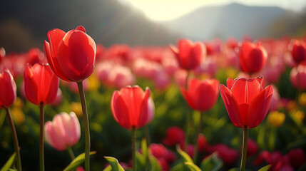 Obraz premium Amazing white,red, pink tulip flowers blooming in a tulip field, against the background of blurry tulip flowers in the sunset light. Fresh bright yellow spring tulips, Bouquet of spring tulips 