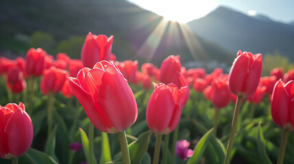 Amazing white,red, pink tulip flowers blooming in a tulip field, against the background of blurry tulip flowers in the sunset light. Fresh bright yellow spring tulips, Bouquet of spring tulips 