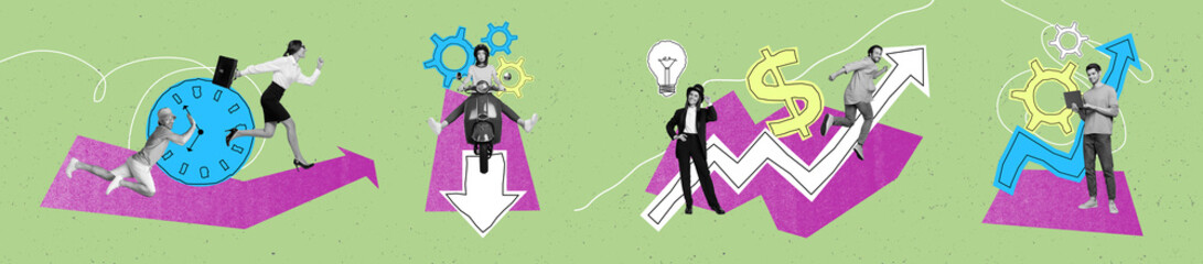 Panorama collection collage of running businesswoman guy ride moped automation partners find idea...