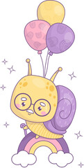 Snail grandfather with balloons on rainbow