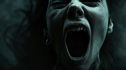 Naklejka premium a close up of a screaming scared woman with open mouth
