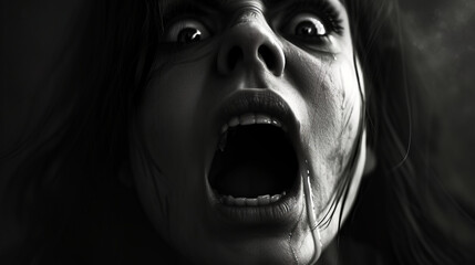 a close up of a screaming scared woman with open mouth