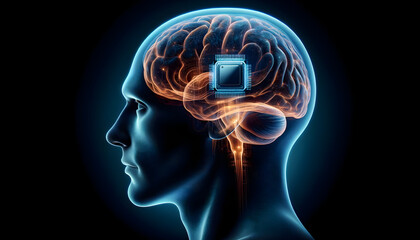 Head with implanted micro chip. Brain-computer interface to connect human brains with external smart devices via implantable brain processors. Illustration vor neuralink.