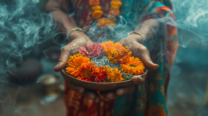 Fototapeta premium Hands holding vibrant flower offerings in a ritual ceremony with smoke