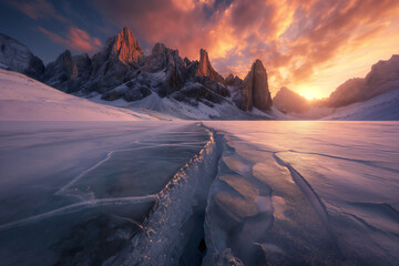 Winter landscape with blue ice with cracks on the frozen beautiful dolomite rocks in the background