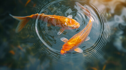 Two golden koi carp fishes close up, yellow goldfish swims in water