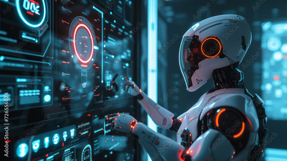 Poster a sleek ai robot interacting with a virtual interface glows with neon lights, set in a futuristic en