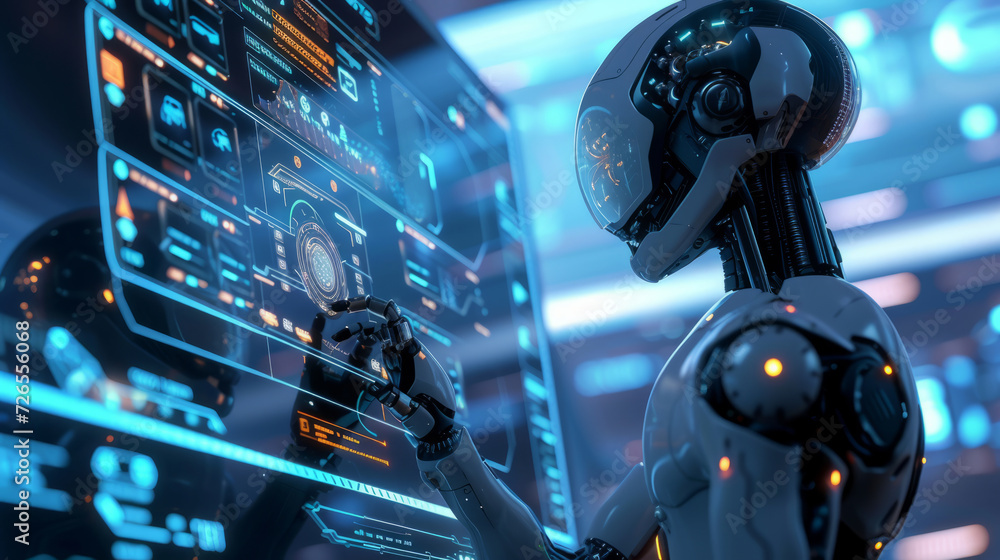 Poster a sleek ai robot interacting with a virtual interface glows with neon lights, set in a futuristic en