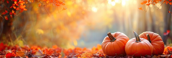Autumn Halloween pumpkins. Orange pumpkins over bright autumnal nature background - obrazy, fototapety, plakaty