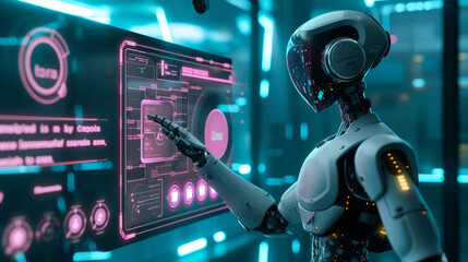 A sleek AI robot interacting with a virtual interface glows with neon lights, set in a futuristic environment.