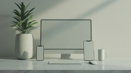 Office desktop with laptop and business accessories on. Modern workspace concept. Top view