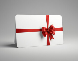 Modern white gift card with a sleek red ribbon and bow, casting a soft shadow on a light grey background, symbolizing refined simplicity. Generative AI.