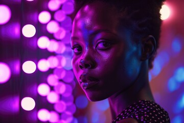 Naklejka na ściany i meble African American woman posing against neon lights.