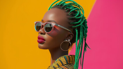beautiful modern African swag model, wearing jewelery, sunglasses, green hair, looking to the side, bird view, portrait, pink and yellow