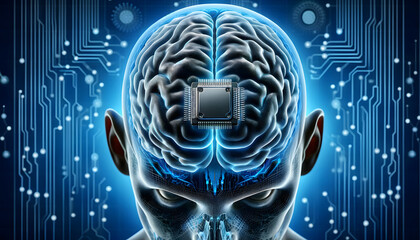 Head with implanted micro chip. Brain-computer interface to connect human brains with external smart devices via implantable brain processors. Illustration vor neuralink.