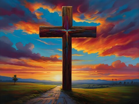 A vibrant. colorful image of a wooden cross at the end of an ancient path against a dynamic painted sky evokes guidance and a spiritual journey. Generative AI
