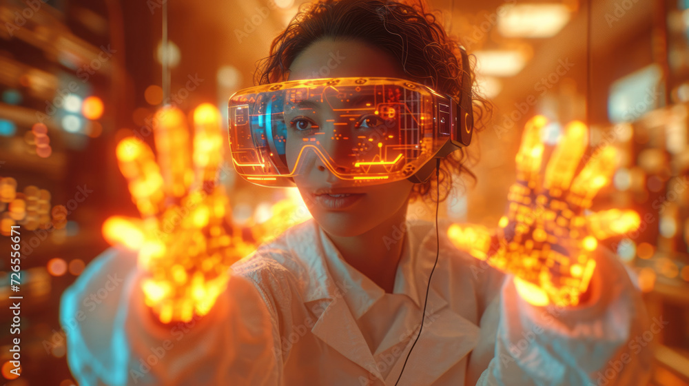 Poster female scientist explore and analyze a digital data, touch an invisible holographic screen. business