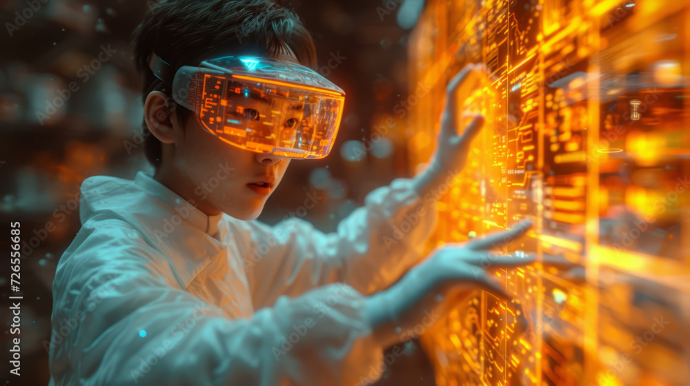 Poster boy scientist explore and analyze a digital data, touch an invisible holographic screen. reviews the