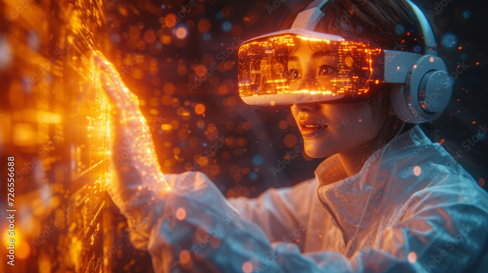 Poster female scientist explore and analyze a digital data, touch an invisible holographic screen. business