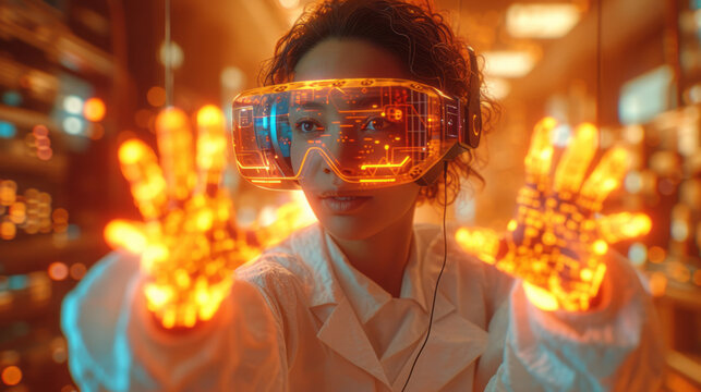 Female Scientist Explore and Analyze a Digital Data, Touch an Invisible Holographic Screen. Business Reviews the Statistics and Moving Animated Virtual Graphs