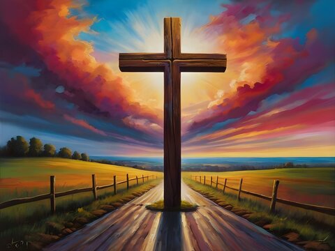 A vibrant. colorful image of a wooden cross at the end of an ancient path against a dynamic painted sky evokes guidance and a spiritual journey. Generative AI