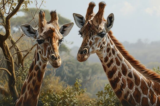 Two adult giraffes in a picture.