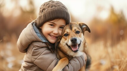A smiling girl hugs a dog outdoors. Portrait of a happy child with a pet dog. Warm lighting autumn nature