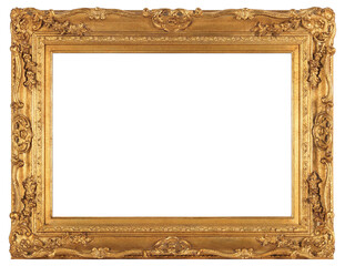 Wide gilded patterned frame of a painting in the boroque style on a transparent background, in PNG...
