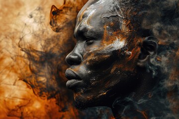 African mans face paint dissolves in smoky texture.