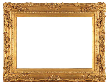 Wide gilded patterned frame of a painting in the boroque style on a transparent background, in PNG format.