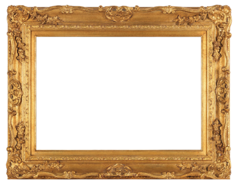Wide gilded patterned frame of a painting in the boroque style on a transparent background, in PNG format.