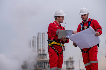 Engineer survey team wear uniform and helmet stand workplace checking blueprint project , radio communication and engineer box inspection work construction site with oil refinery background. - obrazy, fototapety, plakaty