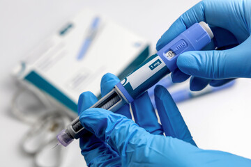 Hands in surgical gloves holding Ozempic Insulin injection pen for diabetics.